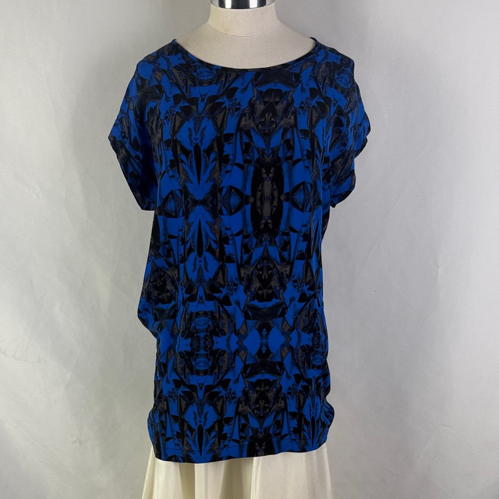 H Fredricksson Blue Black Print Silk Tunic Top
